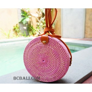 straw synthetic rattan circle bag color pink